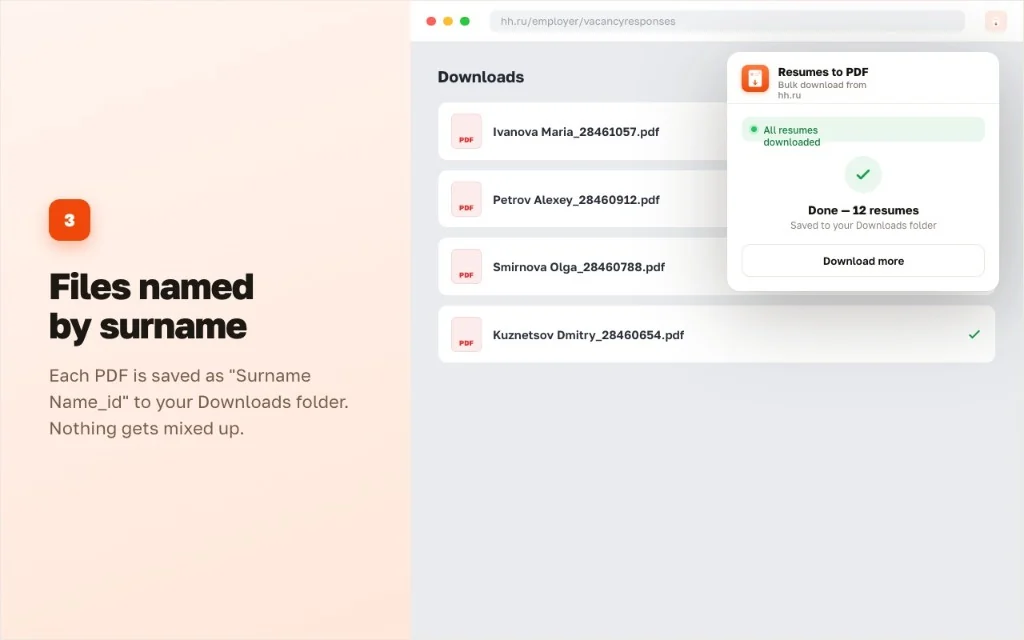 Resume PDF - files named by candidate surname in Downloads